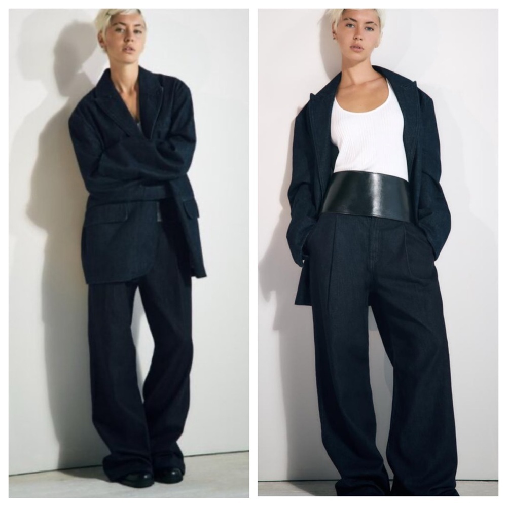 ZARA DENIM PANTS WITH DARTS and OVERSIZED DENIM BLAZER DARK INDIGO